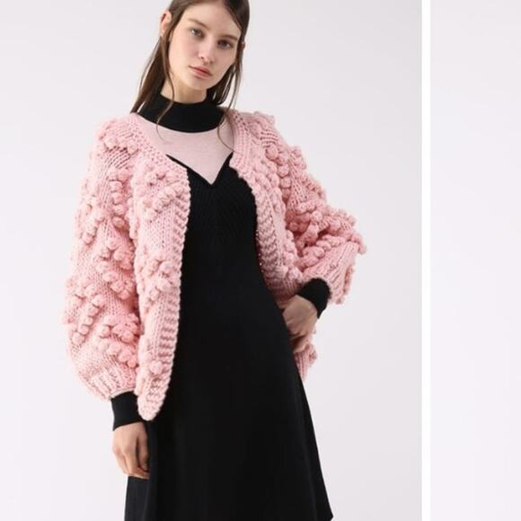 CHIC WISH Hand Made Pink Open Cardigan Pom Pom Heart Shape - Picture 2 of 10